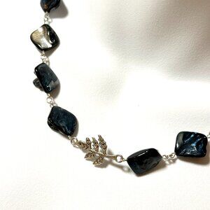 Blue Irregular Mother of Pearl Shell Necklace + Silver Leaf Branch Pendant